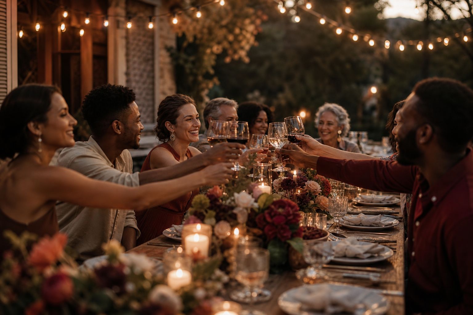 Friends and family toasting at a golden-hour birthday table