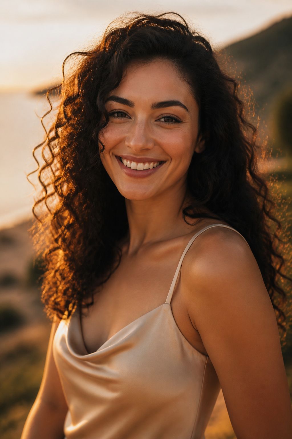 Maya in champagne silk at golden hour